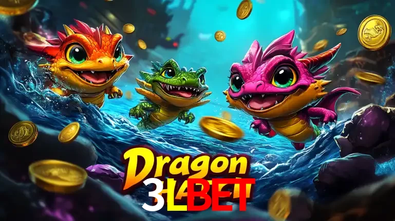 Arte promocional do jogo Dragon Hatch com três adoráveis dragões bebês nadando entre moedas de ouro, um dos slots mais divertidos para jogar no cassino 3LBET.
