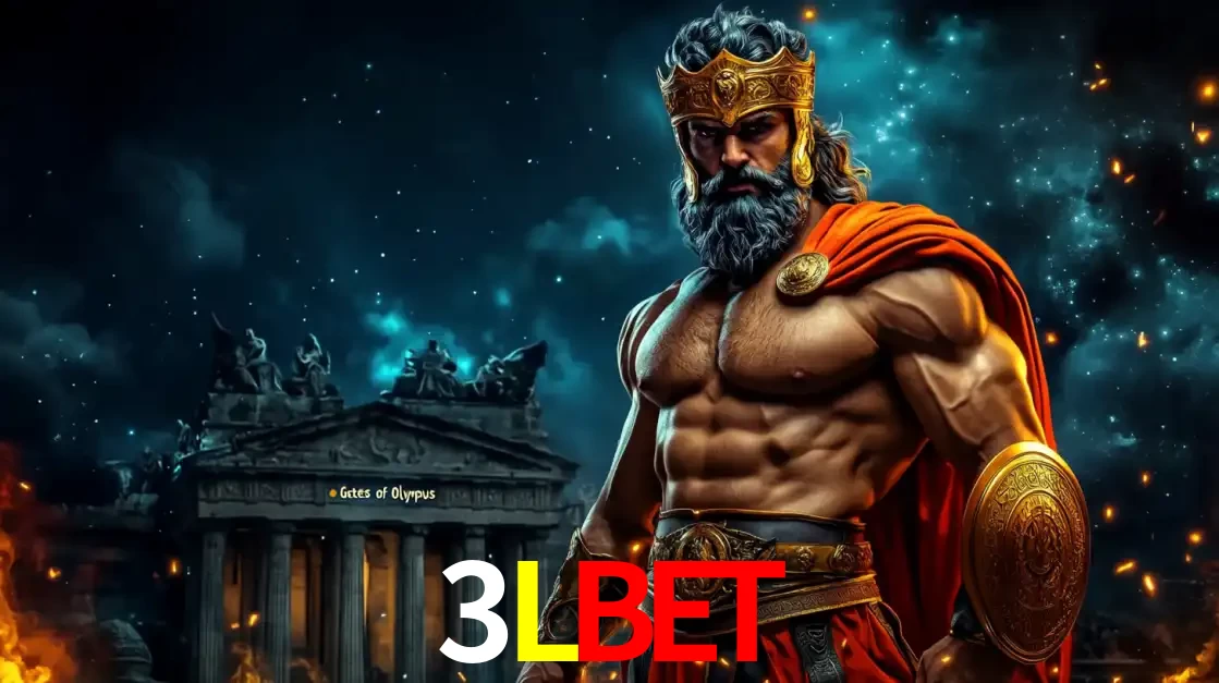 O poderoso Zeus do jogo de slot Gates of Olympus em frente ao seu templo, pronto para lançar multiplicadores divinos e prêmios épicos no cassino online 3LBET.