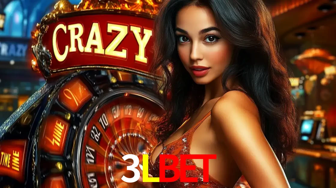 Mulher glamourosa olhando para a câmera com a roda vermelha do Crazy Time ao fundo em um ambiente de cassino, destacando a emoção dos jogos ao vivo no 3LBET.