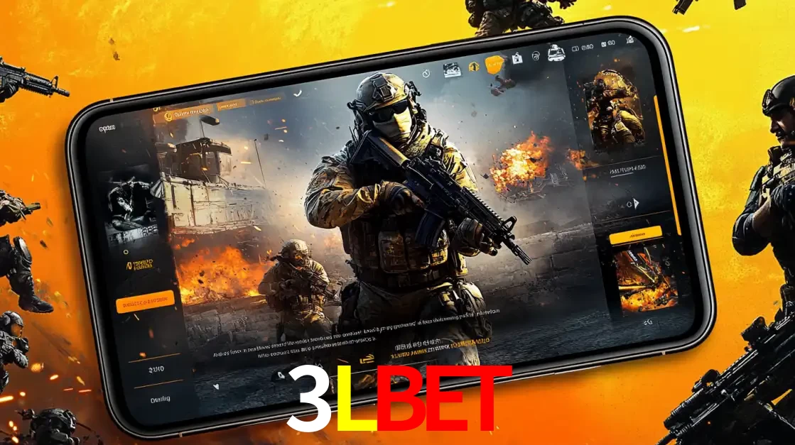 Um smartphone exibindo a interface de um jogo de tiro em primeira pessoa, com um soldado em um cenário de batalha, representando a ação dos e-sports para apostar no 3LBET.