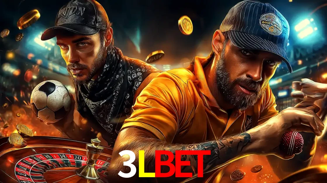 Montagem de apostas esportivas e cassino no 3LBET, com um homem segurando uma bola de futebol e outro uma de beisebol sobre uma roleta e moedas voadoras.