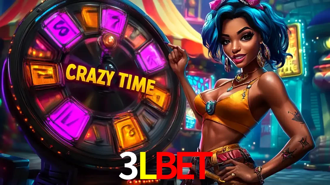 Mulher estilizada com cabelo azul e visual vibrante posando ao lado da roda de prêmios do game show Crazy Time, convidando para a diversão e os bônus do cassino 3LBET.