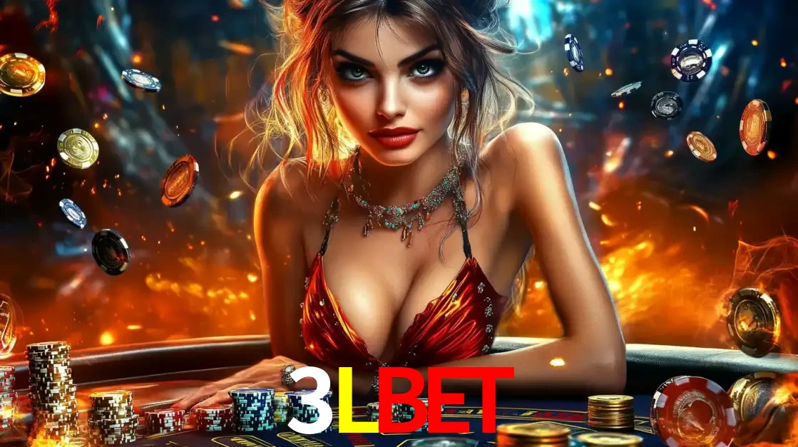 Mulher em uma mesa de cassino com pilhas de fichas e um fundo de fogo, pronta para uma rodada de altas apostas nos jogos de mesa emocionantes do cassino 3LBET.