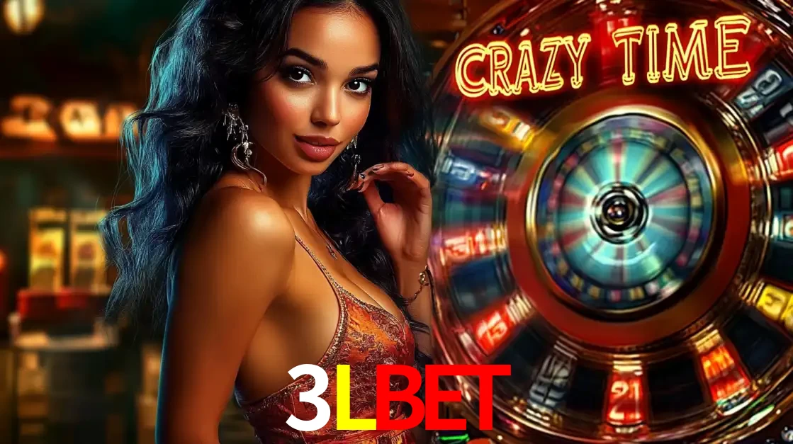 Mulher elegante ao lado da vibrante roda da fortuna do jogo de cassino ao vivo Crazy Time, um dos game shows mais populares e cheios de prêmios do 3LBET.