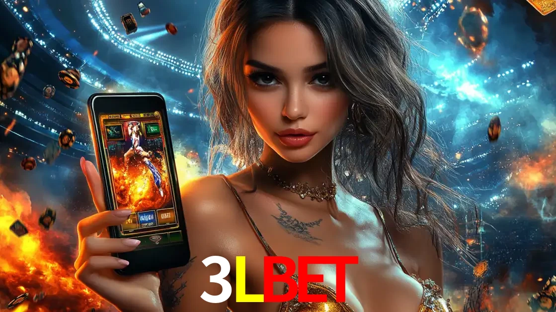 Mulher segurando um celular com um jogo de slot em destaque, tendo como fundo um estádio vibrante, simbolizando a emoção de jogar no cassino móvel 3LBET.