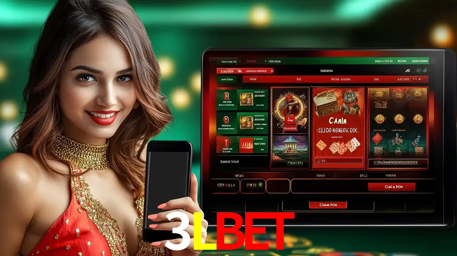 Mulher sorridente segurando um smartphone, ao lado de uma tela exibindo o lobby de jogos do cassino online 3LBET, com várias opções de jogos de cartas e slots.